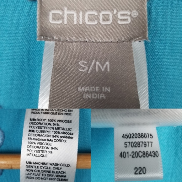 Chico's Aqua Blue Embroidery Beaded Bohemian Duster Kimono Beach Cover Up Sz S/M - Picture 11 of 12